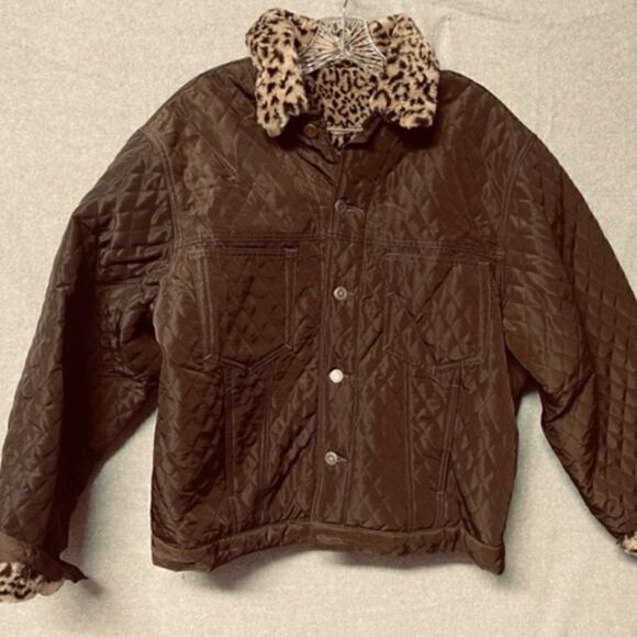 Charta Brown Quilted Women's Jacket Cheetah collar and sleeves S This jacket is - Picture 1 of 5